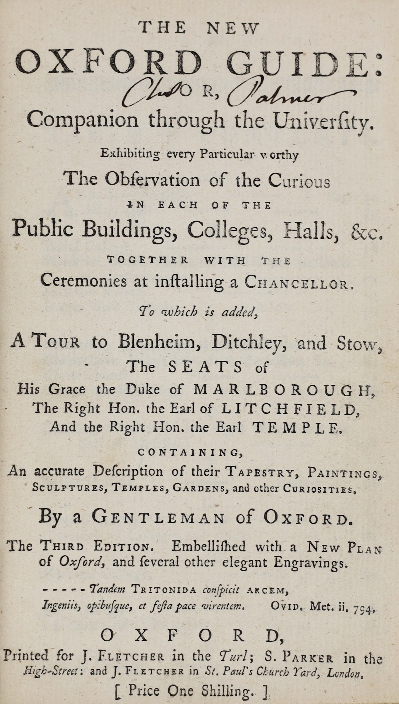 OXON: The Oxford University and City Guide, on a new plan...(and) a Guide to Blenheim, Nuneham, and the newly discovered Roman Villa, near Northleigh. pictorial engraved and printed titles, folded plan and 7 plates; old
